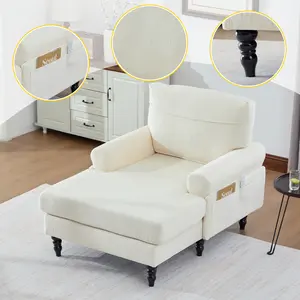 Modern Chaise Lounge Oversized Chair for Reading, Modern Minimalist Chenille Sleep Chair with Extra Wide Seat, Comfortable Backrest and Storage Side Pockets for Living Room, Bedroom, Study Room