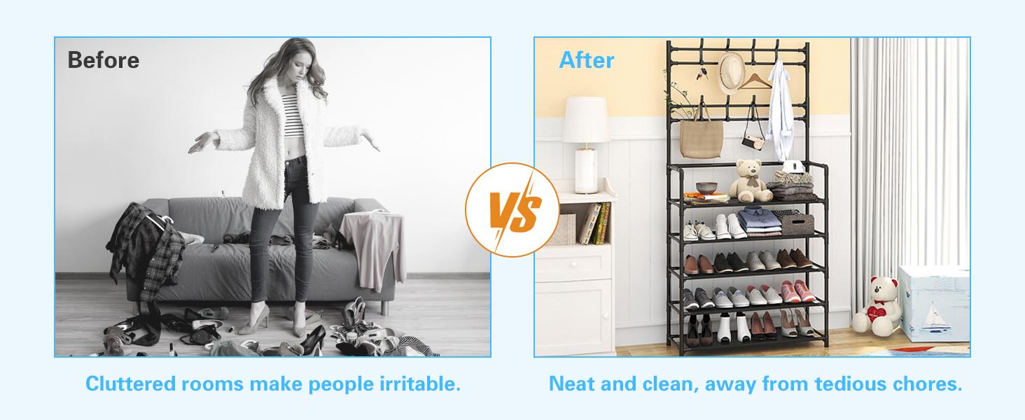 5-Layer Shoe and Coat Rack Stand, Coat Rack Shoe Bench With 8 Hooks,Metal Coat Hat Rack Free Standing Clothes Stand, Easy Assembly Organiser Multicolor 5-Layer Shoe and Coat Rack Stand, Coat Rack Shoe Bench With 8 Hooks,Metal Coat Hat Rack Free Standing Clothes Stand, Easy Assembly Organiser Multicolor