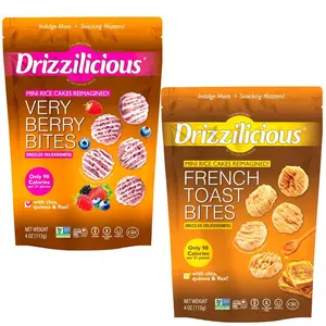 Drizzilicious Very Berry & French Toast Flavors Mini Rice Cakes Duo Pack Vegan Gluten-Free Non-GMO Allergen-Free 90 Calories Per Serving Crunchy Snack 4 oz Bags Pack of 2