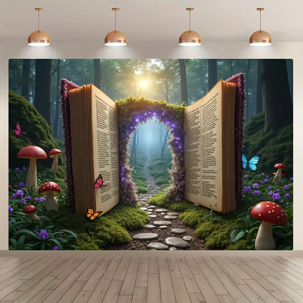 1PC Reusable Polyester 2D Flat Fantasy Forest Magic Book Door Backdrop Banner, Fairy-Tale Mushroom & Butterfly Themed Photo Cloth, Outdoor Banners & Party Decoration Supplies for Children’s Birthday Photography