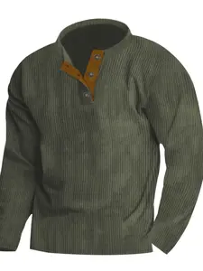 Men's Long Sleeve Pullover Shirt, Warm Henry Button Front Casual Top, Corduroy Ribbed Knit, Spring & Fall Fashion, Comfortable Men's Clothing