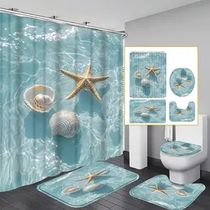 1pc/4pcs 2D Flat Shower Curtain with Starfish, Seashell, and Ocean Wave Pattern in Multiple Colors; Modern and Personalized Bathroom Art Decoration; Shower Curtain Set with 12 Hooks; Bathroom Non-Slip Mat; Toilet Seat Cover; Holiday Decoration