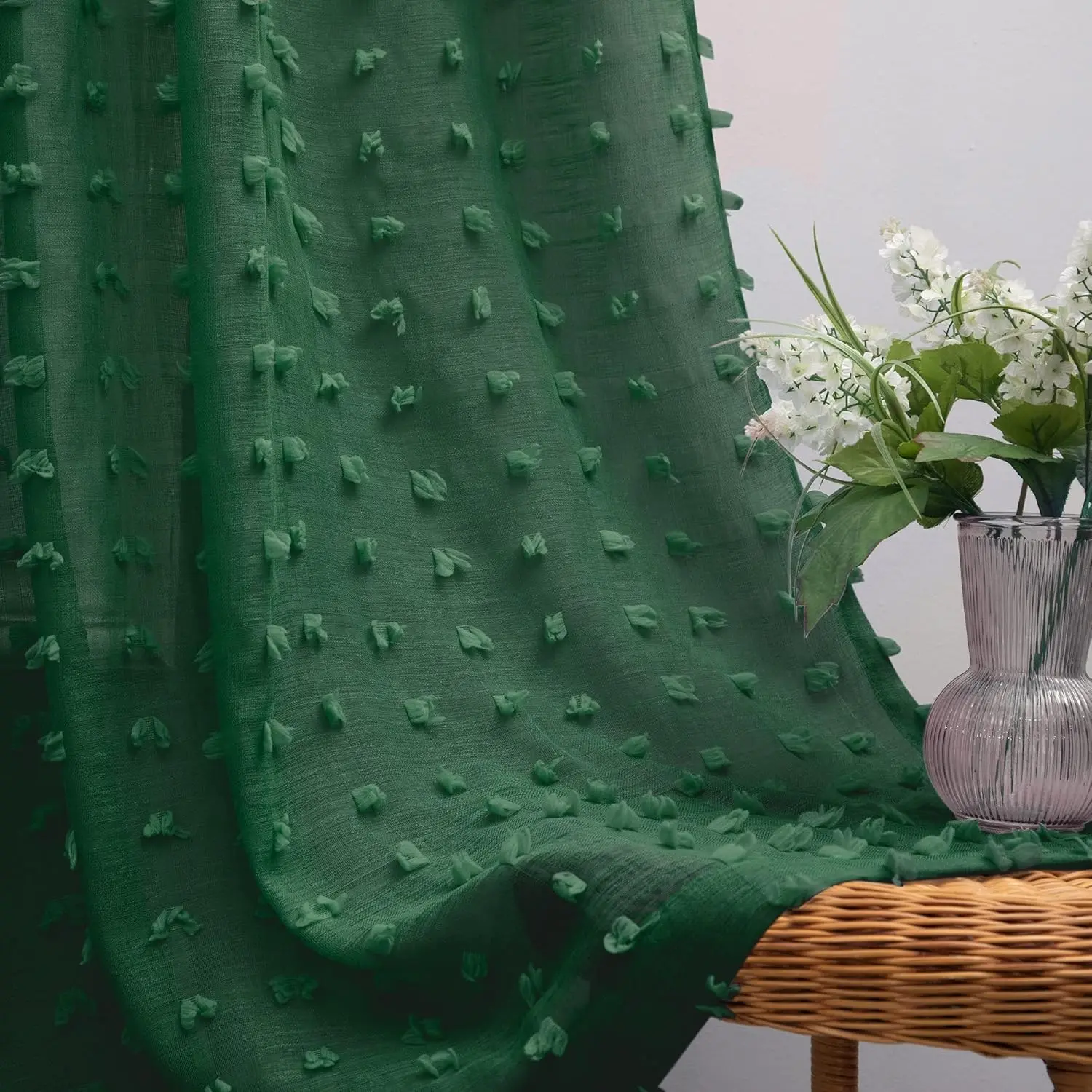 Emerald Green Sheer Vintage Moody Indoor Curtains, 96-in Long 2-Panel Set - No Excessive Decor, for Living Room, Festive Holiday Use