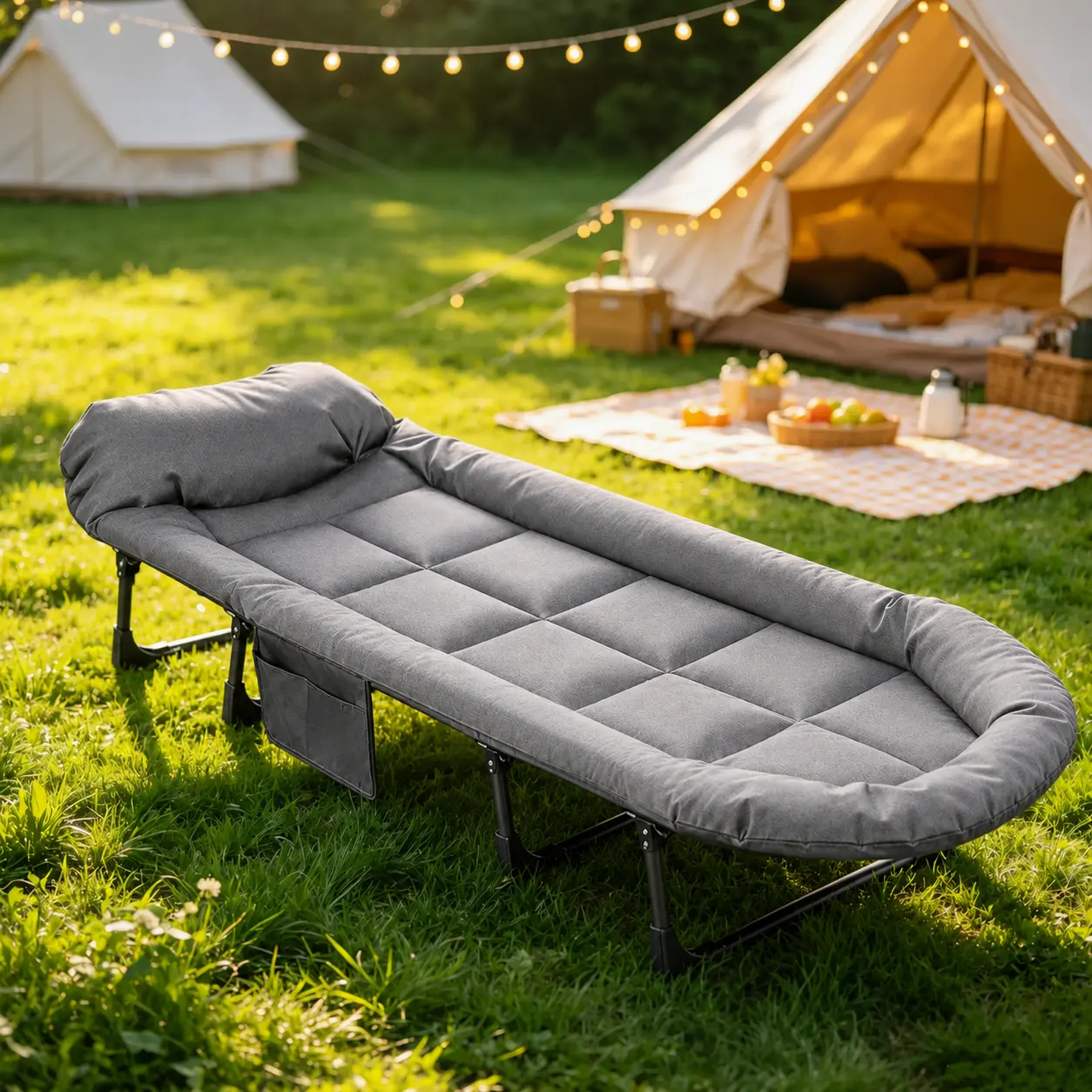 6-Position Adjustable Folding Bed with a Sturdy Steel Frame and a Soft Padded Mattress. Ideal for Quick Naps in the Office or Outdoor Camping, and Easy to Carry.