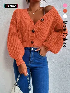 Women's Plain Lantern Sleeve Button Front Crop Cardigan, Casual V Neck Drop Shoulder Knitwear for Spring & Fall, Fashion Women's Knit Clothing for Daily Wear