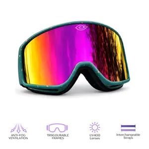 Miami Thrice Shredders Snow Goggles - Teal Frame Pink Lenses UV400 Polarized TR90 Durable Anti-Fog Ventilation Interchangeable Straps