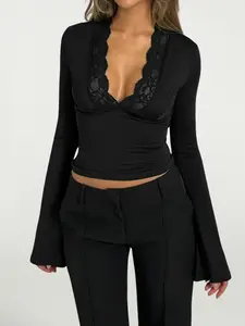 Women's Contrast Lace Flounce Sleeve Tee, Elegant Deep V Neck Long Sleeve Top for Fall & Winter, Ladies Clothes for Daily Wear