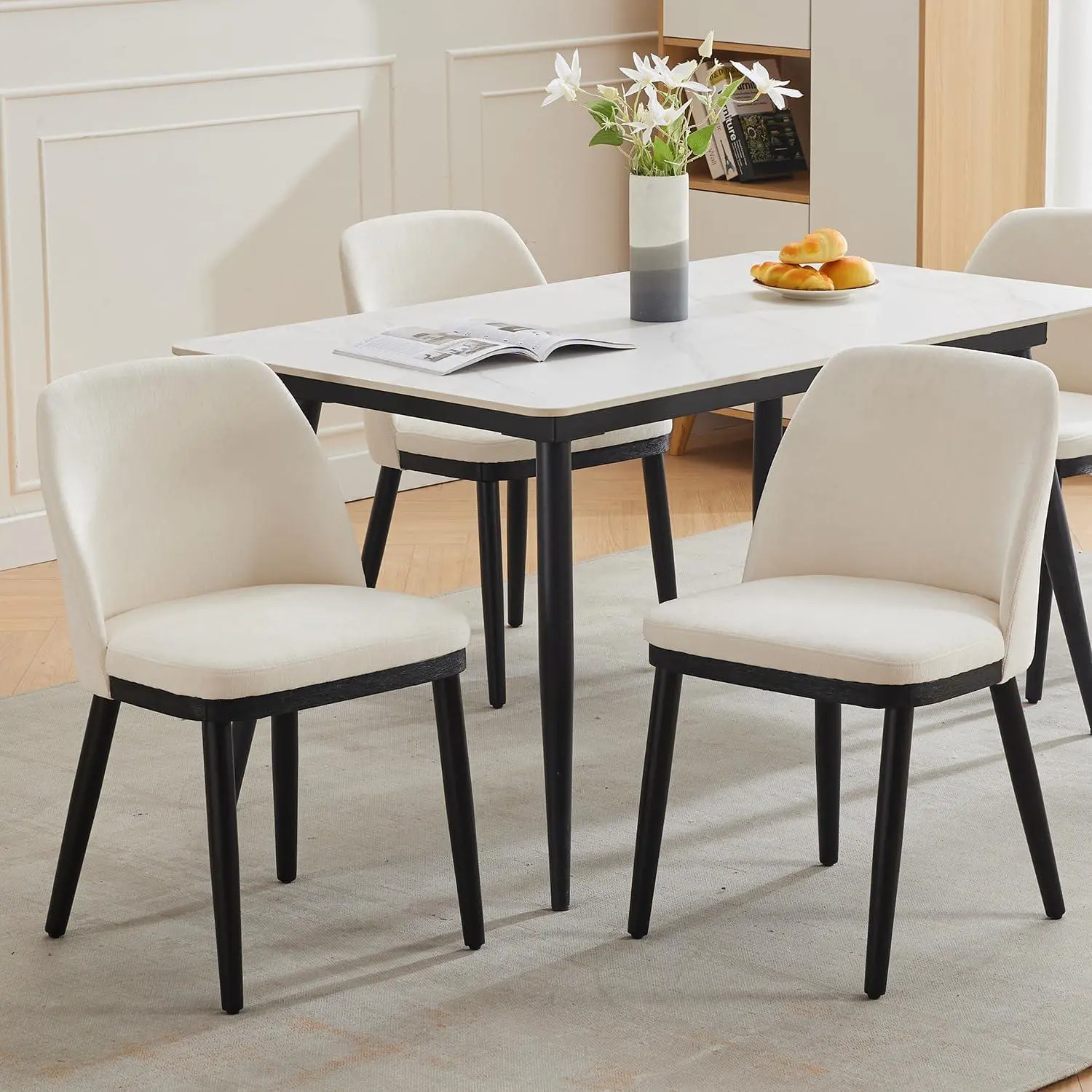 2-Piece Modern Dining Chairs Set - Curved Wraparound Backrest, Linen Fabric Beige Upholstery, Durable Solid Wood Legs - Versatile for Kitchen, Dining Room - Stylish Furniture, Chair