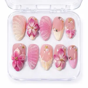 Sugarcoat Nails Handcrafted Luxury Colorful Press-On Nails with 3D Art | Reusable & Sturdy, Glue Included - Pink Floral French Tips, Almond