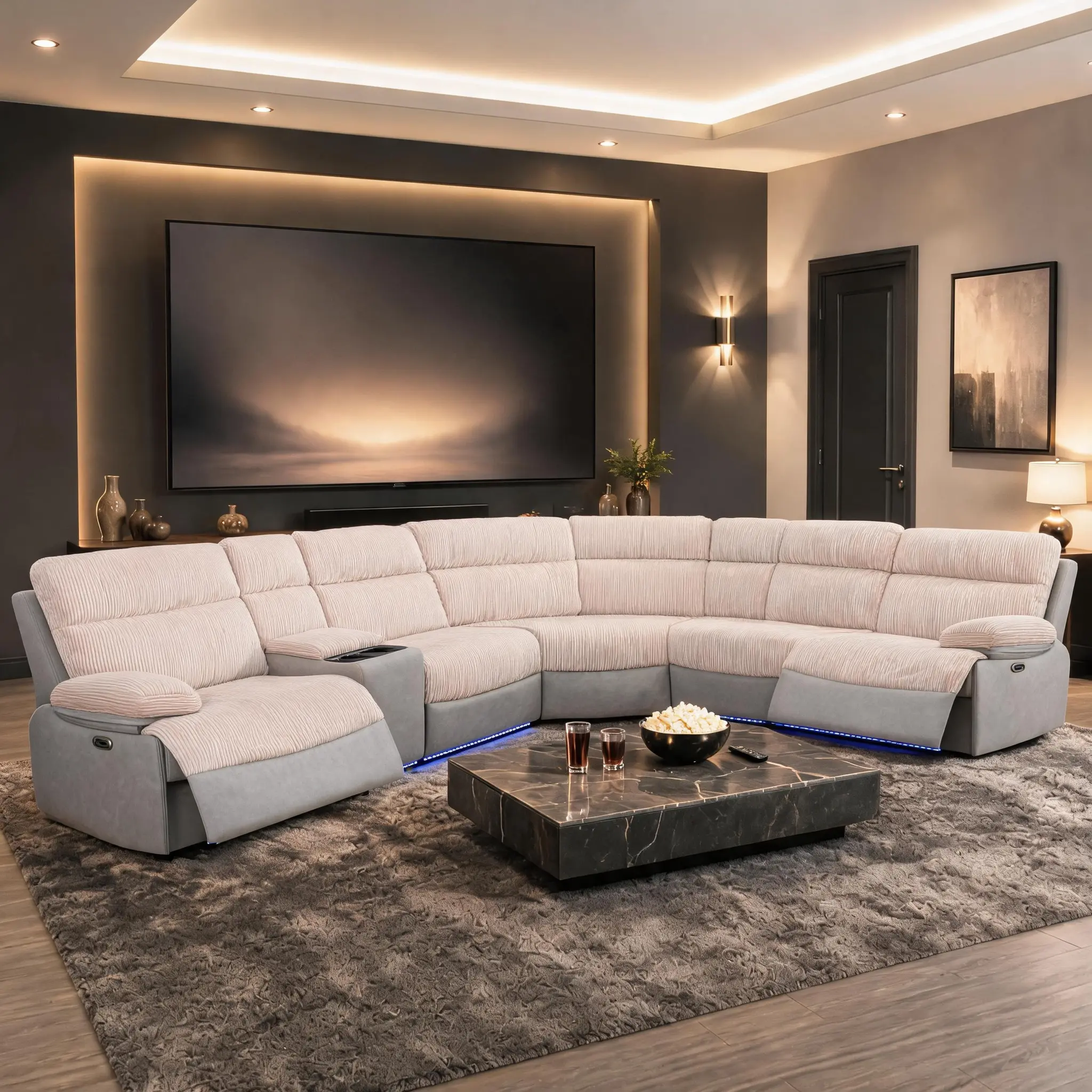 AINEHOME 3-Piece LED Lighting Electric Recliner Sofa Set - Off-White & Gray Stripe Fabric, Adjustable Backrest, Storage, Relaxing Armchairs for Living Room Guest Entertainment, Modern Power Reclining Breathable Furniture