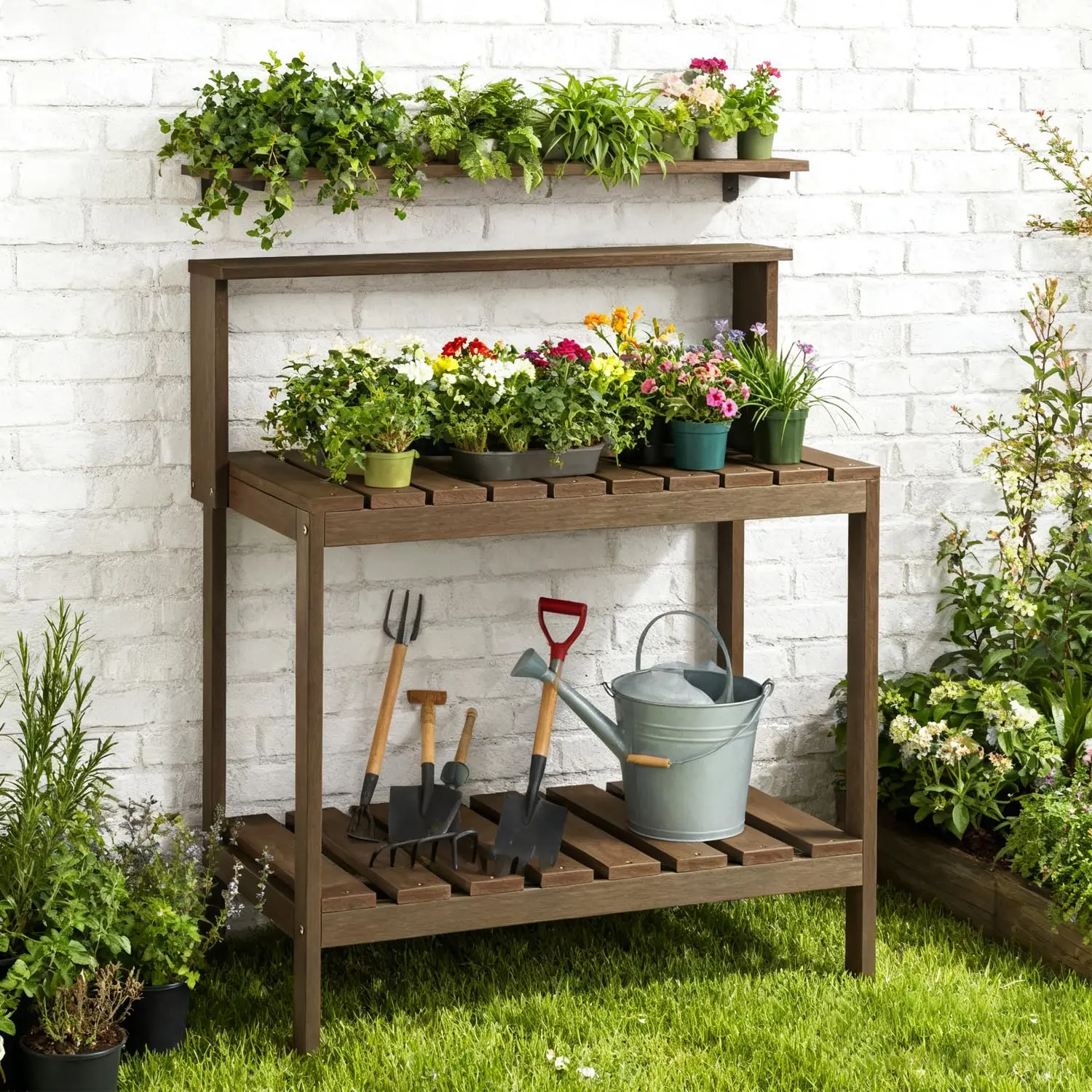 Outdoor Potting Bench, HDPE Patio Potting Table for Porch | All-Weather Garden Work Bench | with Tool Hooks | for Porch & Backyard | No Rust | No Fade | Rot-Resistant