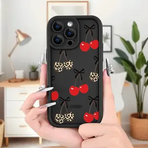 Phone Case: Creative Minimalist Cherry Pattern  Trendy Summer Fresh Anti-Drop Frosted Phone Case for iPhone 17 Pro Max 16 16e 15 14 Plus 13 12 Mini 11 Air