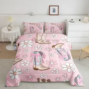 Feelyou Bow Floral Pattern Bedding Set - Vintage Bowknot Western Boots Themed, Breathable Luxury Decorative Bedroom Quilt Duvet