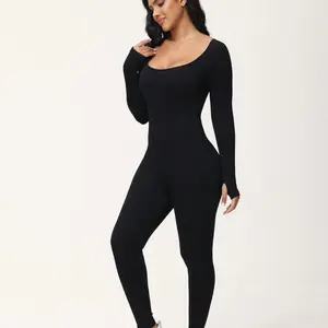 MORAZO Women Solid Color Long Sleeve Scratched Jumpsuit, Bodycon, One-Piece Corset Yoga Clothes, Tummy Control Outdoor Sports Square Collar Ribbed Jumpsuit