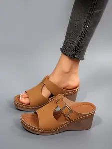 Toe-Open Heeled Sandals, Adjustable Buckle Design, Stitching Details, Comfortable Thick Sole, Casual Style, Wedge, Women