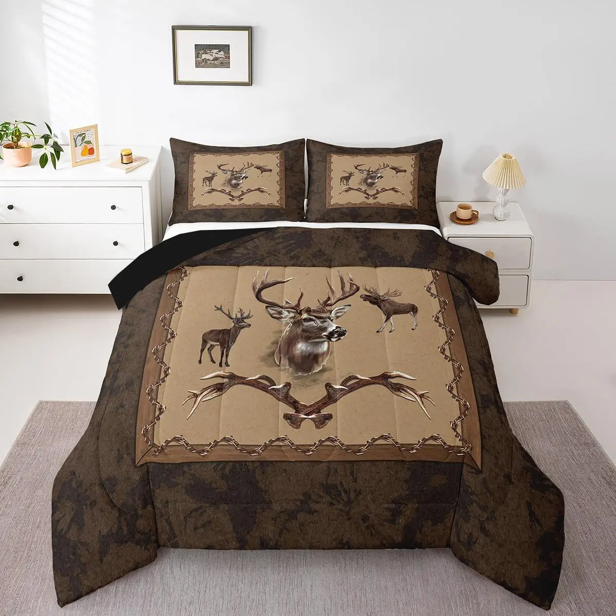 Feelyou Farmhouse Deer Comforter Set - Multi-Size Rustic Bedroom Bedding with Western Inspired Quilts, Hunting Theme Duvets, Animal Motifs, and Moose Designs