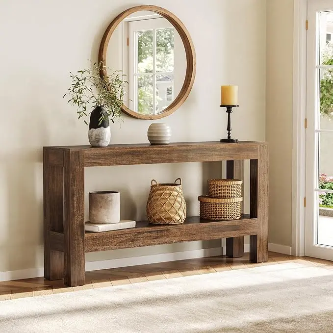 Tribesigns 63-Inch Narrow Long Entryway Table for Living Room, Farmhouse Wood Console Table for Sofa, Entry, Hallway, Entrance, Foyer, Behind Couch with 2-Tier Shelves, Brown