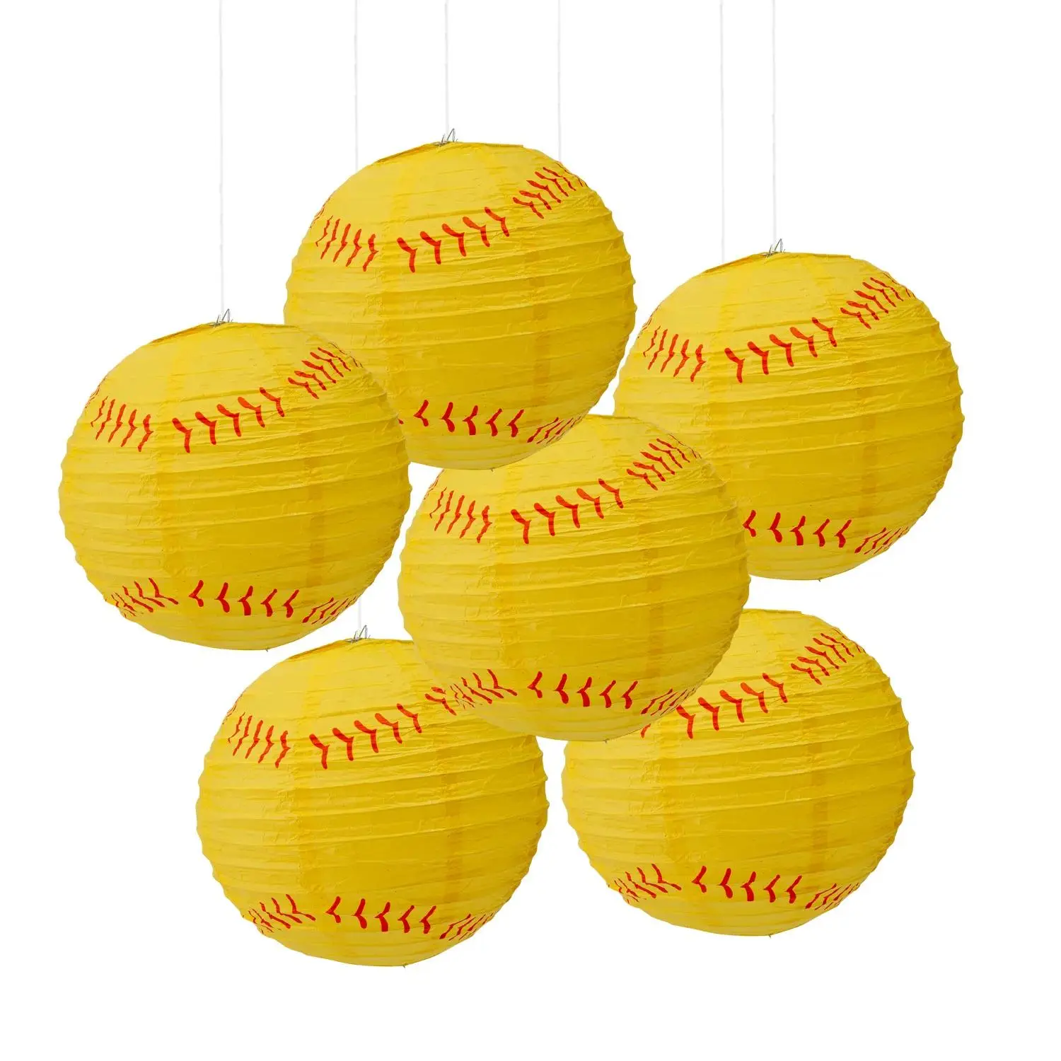 10" Diam. Lightweight Softball Hanging Paper Lanterns Set - 6 Pc., Celebration & Gathering Team Ornaments for Home Decor Hanging Supplies