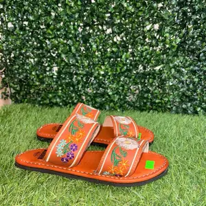 Women's Leather Sandals Summer Footwear Handcrafted Sole Made from Recycled Tires Orange Floral Embroidery