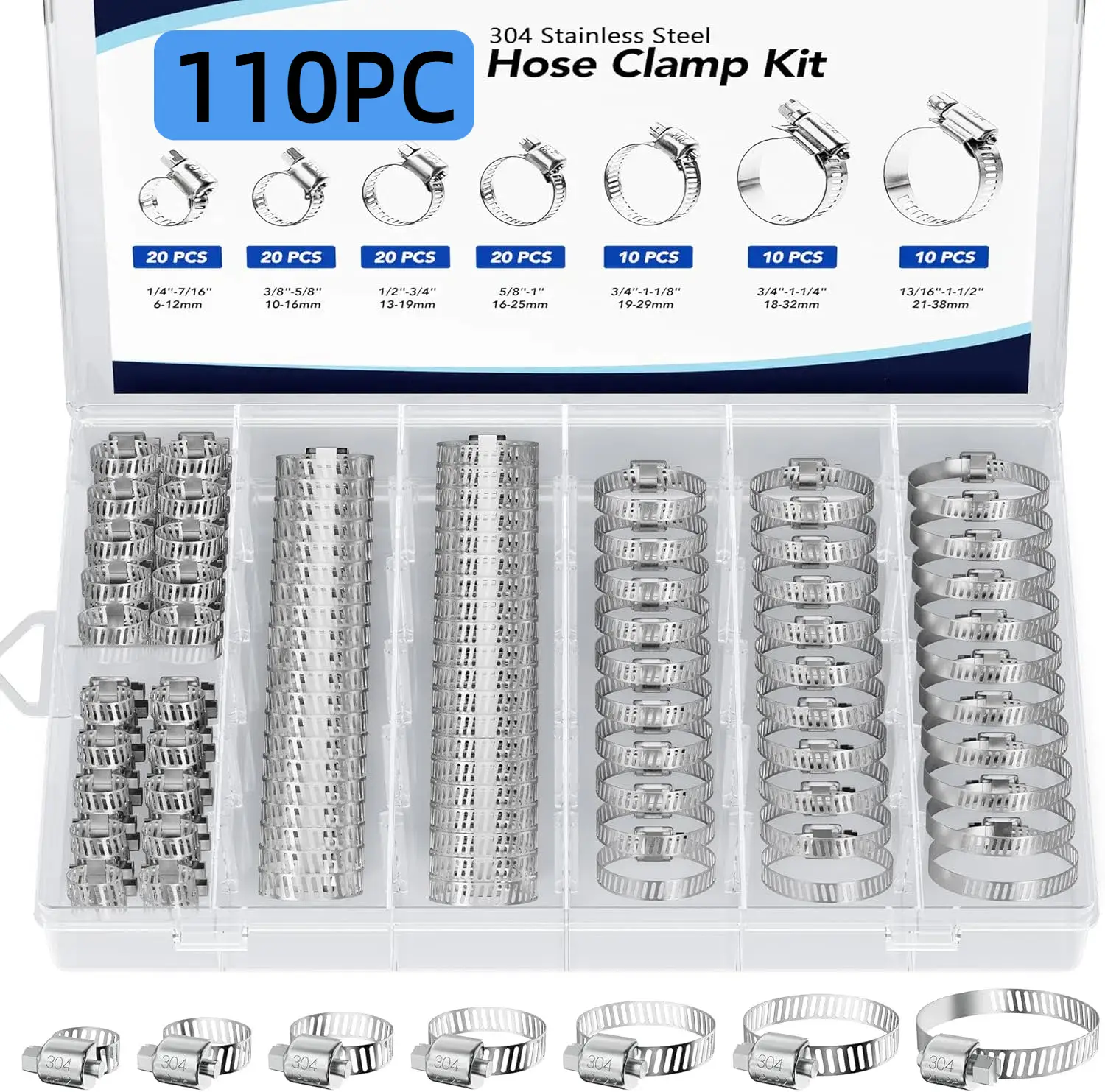 110 PCS Hose Clamps Stainless Steel Assortment Kit 1/4''–1-1/2'' Adjustable For Fuel Line Plumbing Automotive Mechanical Applications FathersDayGift