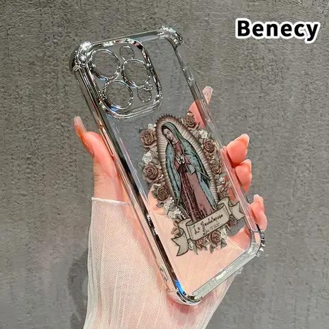 Virgin Mary Pattern Transparent Electroplated 4-Corner Cushion Cellphone Case - Flexible Plastic Cover for iPhone 17/16 Pro Max/15 Air Plus/14/13/12/11, Handheld Devices Protection Accessories for Women