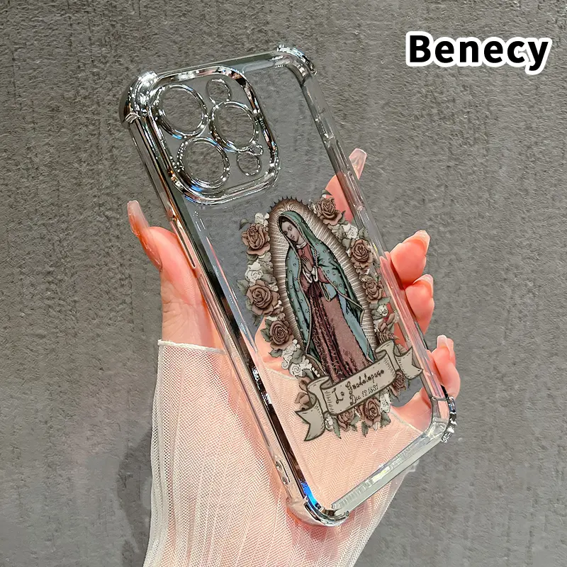 Virgin Mary Pattern Four Corner Anti-Fall Phone Case Transparent Electroplated Protective Cover for iPhone 17 16 Pro Max 15  Air Plus 14 13 12 11 E Protection