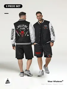 Stranger Things 「2-Piece Set」 Hellfire Club Graphic Baseball Jacket + Breathable Layered Shorts, Casual Fitted for Outdoor & Home Wear, Activewear