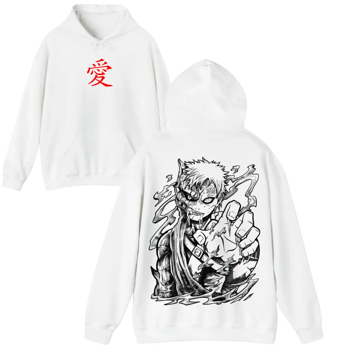 Naruto Gaara Hoodie – Shukaku Possessed Form | White Pullover with Red 'Love' Kanji Front & Sand Demon Manga Art Back | Anime Streetwear Design Graphic T-Shirt, Hoodie & Sweater