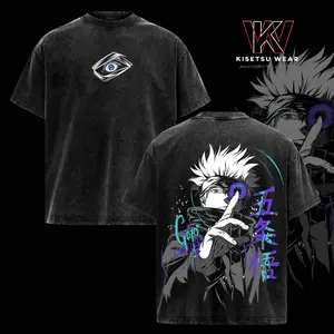 Gojo Satoru Vintage Washed Oversized T-Shirt – Jujutsu Kaisen Anime Graphic Tee, Six Eyes Infinity Technique Manga Art Shirt, Washed Cotton Streetwear, Unisex Casual Top, Gift for JJK Fans
