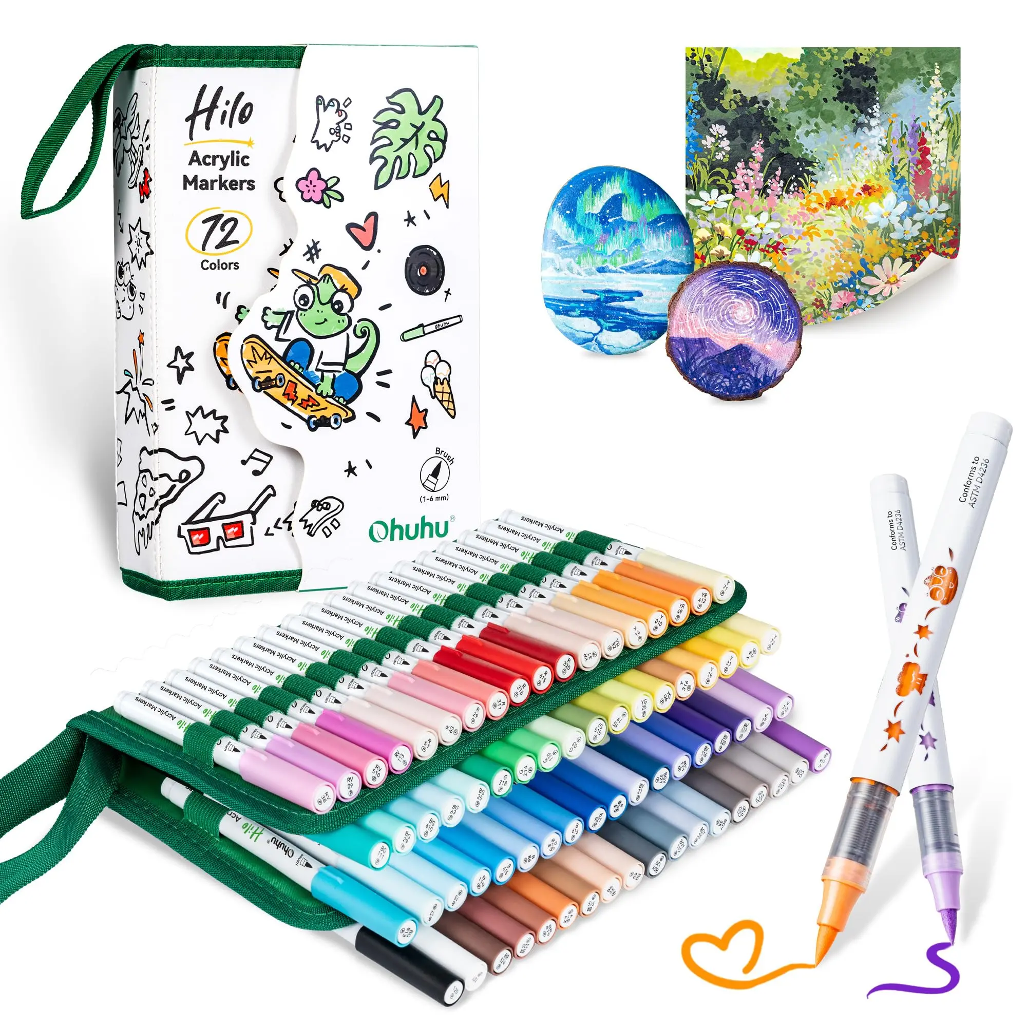 Ohuhu Acrylic Paint Markers: 72 Colors Smooth Blending - Brush Tip - Acrylic Markers Good Coverage No Bleed Direct-Ink Acrylic Paint Pens for Paper Coloring Rock 3D Prints Eggs Wood DIY Crafts - Hilo Series of Ohuhu