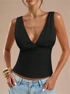 New Spring & Summer Collection!Women's V-Neck Sleeveless Crop Top, Womenswear, Minimalist Basic & Versatile Elegant Style. Ideal for Work, Home, Casual Wear, Parties, Dates, Banquets and Balls.