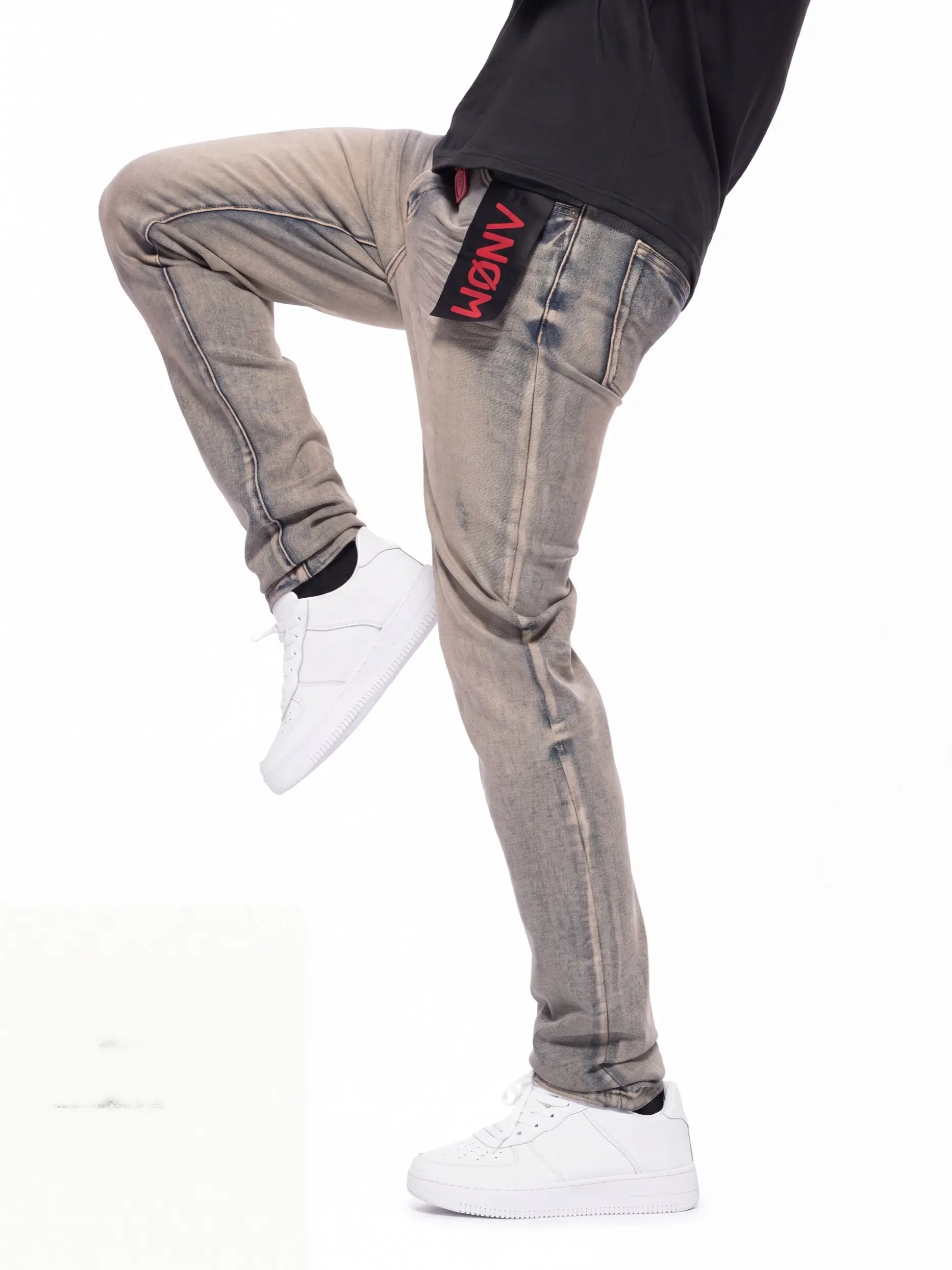 Men's Skinny Fitted Stretch Denim Jeans - Mid Blue, Plain, Casual, Classic, Tonal Stitching, True Size, Belt, Minimalist Menswear Pants (Sizes 28-42) with Pocket, All Seasons