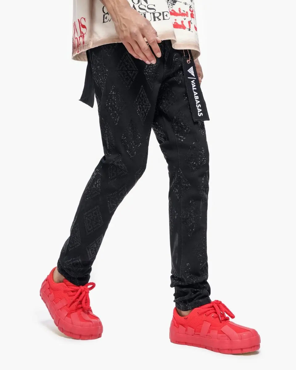 Men's Black Rhinestone Embellished Skinny Jeans - Stretch Denim with 5-Pocket Styling, Spandex Fabric, Menswear, Cotton, Pants