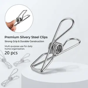 Set of 20 stainless steel clothespins; rust-resistant, reusable spring clips with a strong grip, ideal for hanging laundry, sealing food bags, and home organization