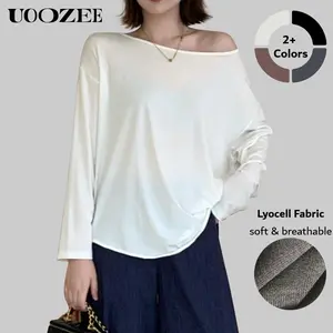 UOOZEE 2025 Women's Early Autumn Minimalist Off-Shoulder Long-Sleeve Lyocell Flowy Blouses - Elastic, Breathable, Slouchy Loose Casual Tshirt for Urban Commuting (White Slightly Sheer, Spandex Fit)