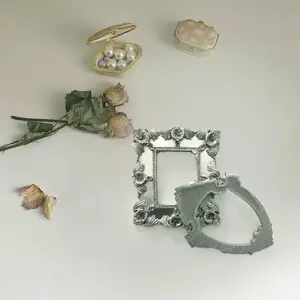 5 Pcs Silver Mini Frames Small Vintage Flower Round Rectangle Baroque Picture Frame Table Top Jewelry Display for Christmas Holiday Party Hotel Decor Without Glass or Backing Gift