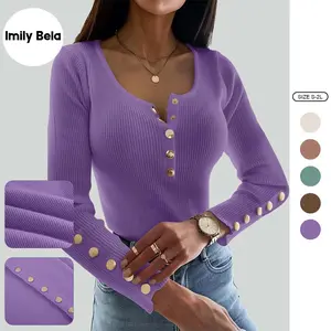 Imily Bela Womens Sexy Long Sleeve Sweater Scoop Neck Button Up Fitted Pullover Shirts Tops