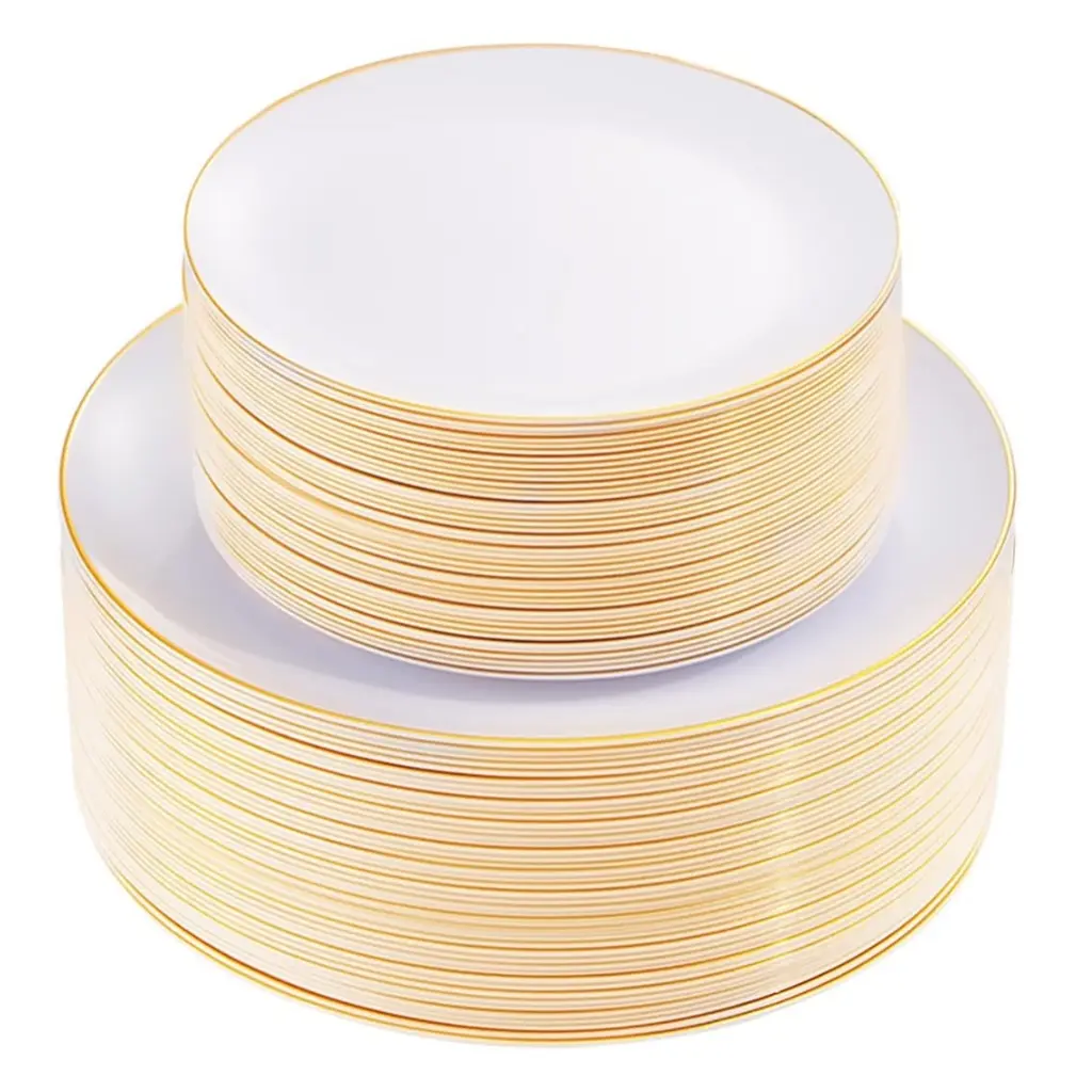 Plastic Plates Bulk Heavy Duty Hard Disposable Plates Includes 7.5'' Appetizer Plates and 10.2'' Dinner Plates for Outdoor Party Picnic Birthdays Wedding Reception (White, Gold,200 Pcs)