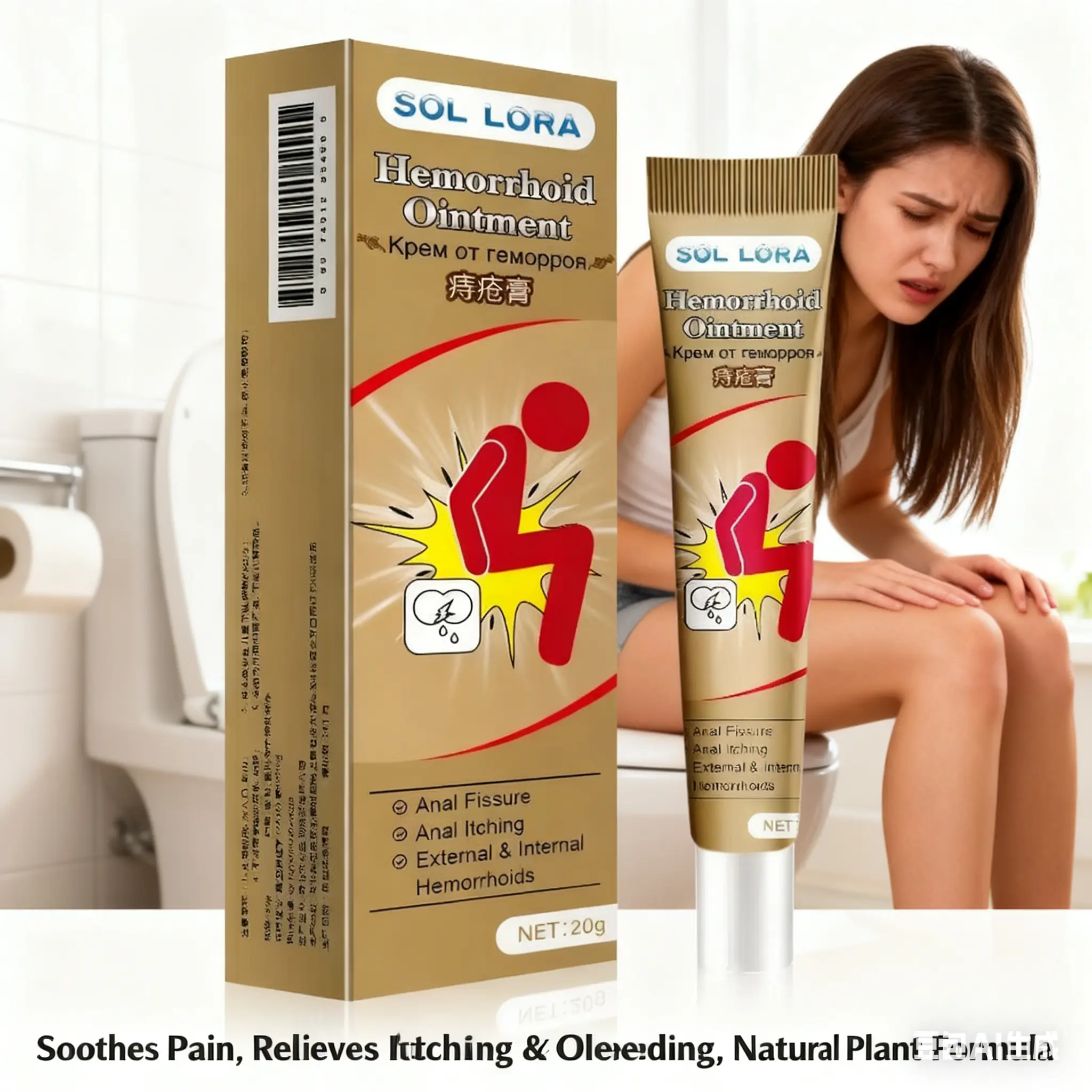 SOL LORA Hemorrhoid Gel 20g, Moisturizing Cream for All Genders, 100% Natural External Formula, Reduces Hemorrhoid Pain, Itching and Bleeding