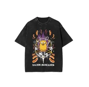Men's Short-Sleeve T-Shirt with Adventure Time Graphic, Vintage Washed & Distressed Cotton, Oversized Retro Streetwear, Top, Tshirt