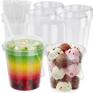 60 Sets Clear Plastic Disposable Drink Buckets with Lids, Straws & Handles, 24 Oz Cocktail Pails for Beach, Halloween Parties, Home Bar Beer Supplies