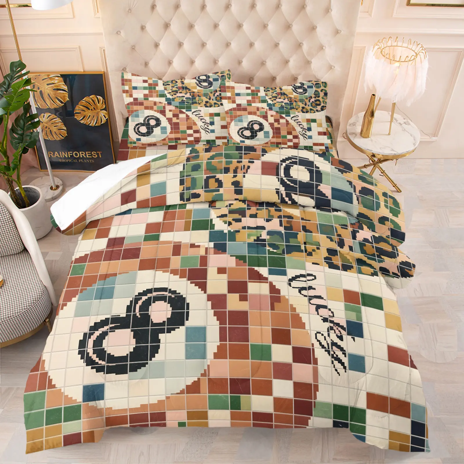 Y2K Retro Comforter Set with Print Design, Includes 1-2 Pillowcases, Mosaic Ball & Leopard Pattern, Soft Warm Bedding