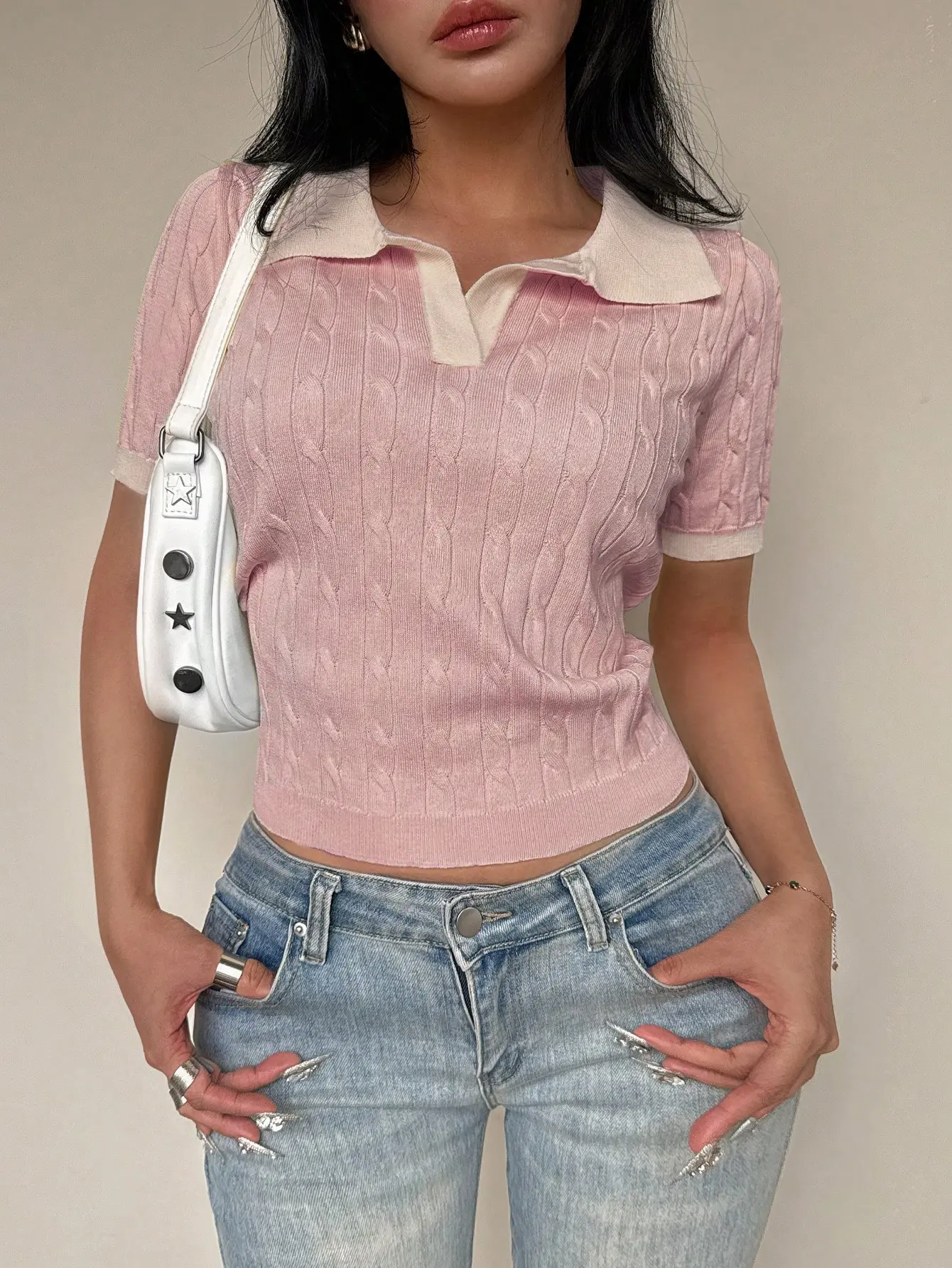 [Back to School] ROYAL Summer Casual Twist Rope Contrast Color Polo Collar Knit Top Short Sleeve Pullover Trendy Fashion Y2K Women's Tee