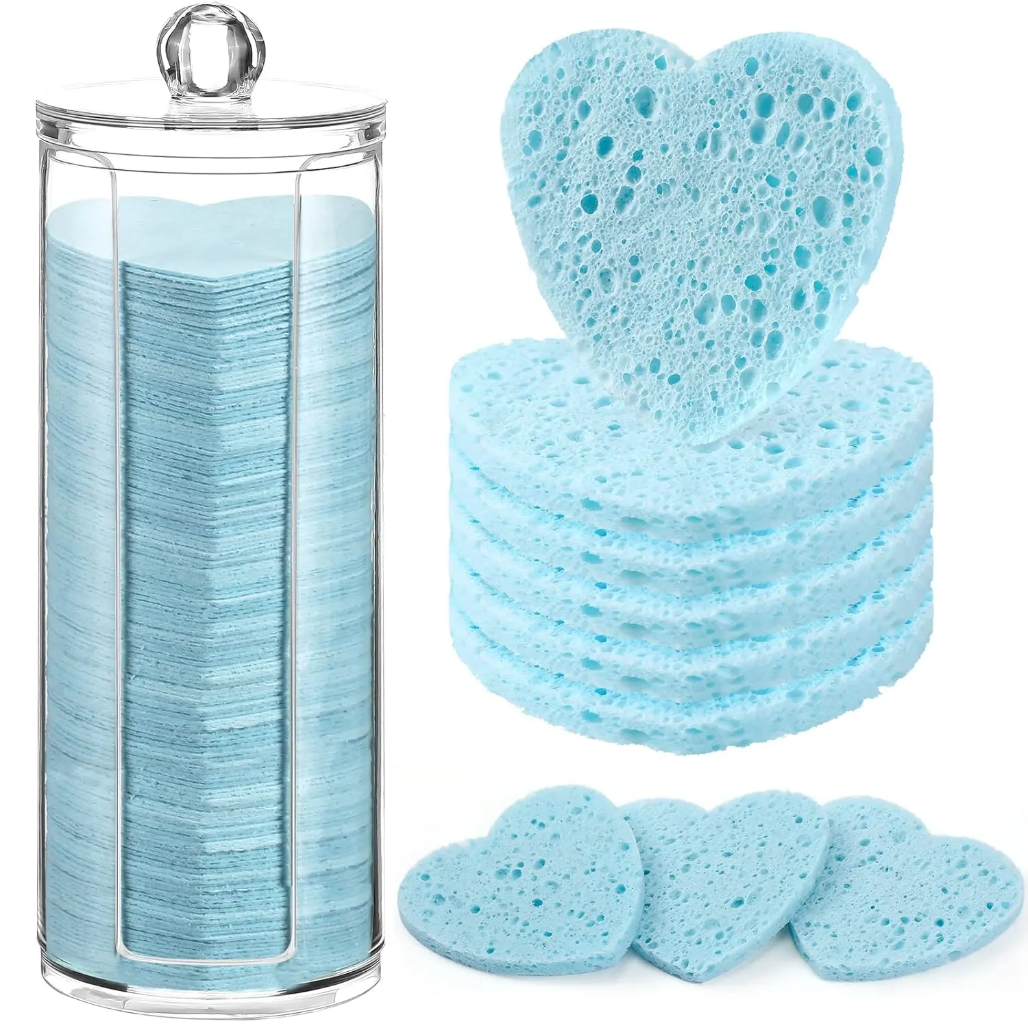 120 Pcs Disposable Compressed Facial Sponges with Container, Heart-Shaped Light Blue Makeup Remover Pads for Cleansing, Exfoliating (Esthetician Use)