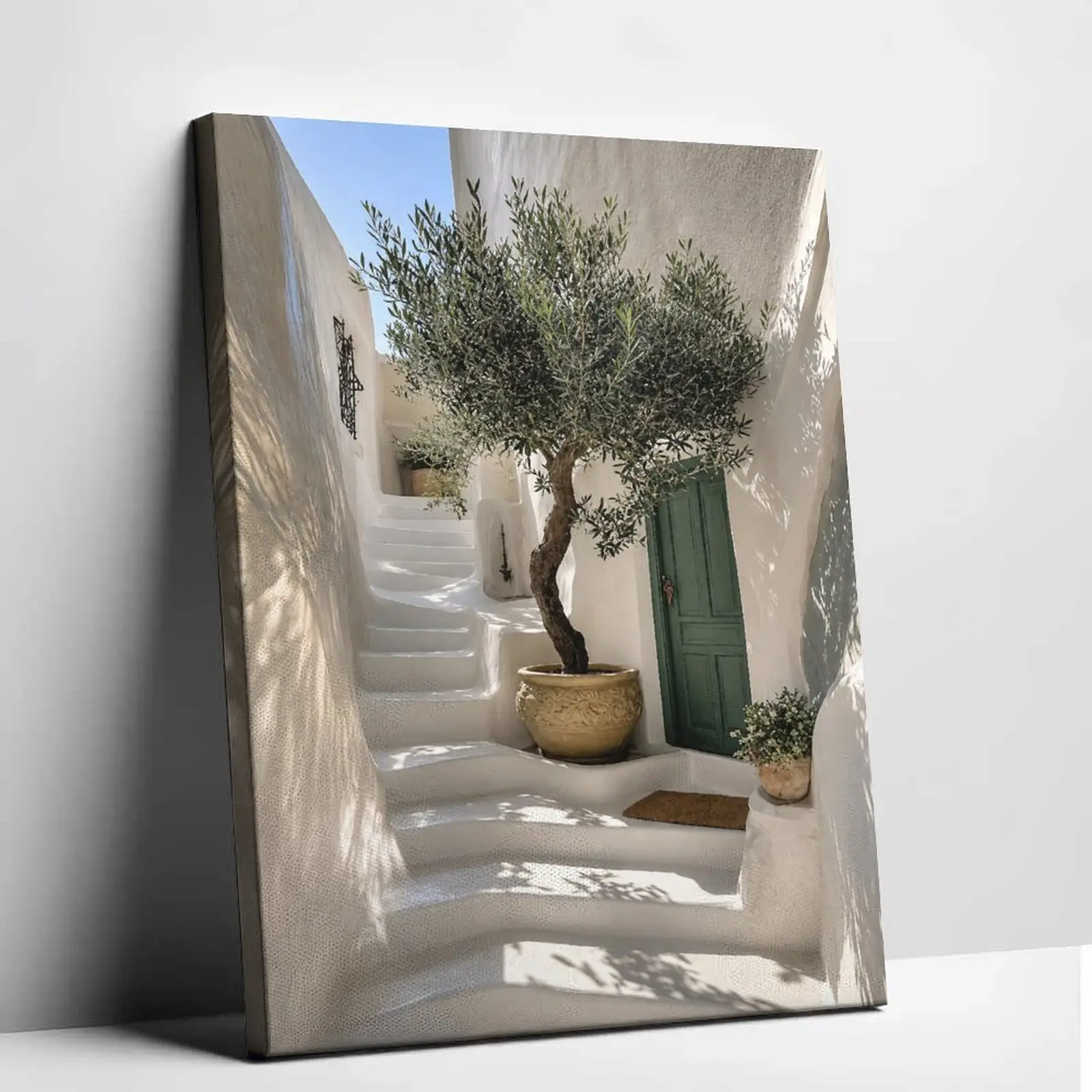 Santorini Greece Canvas Print Mediterranean Alley Wall Art Potted Olive Tree Green Door Poster Sunshine White Stairs Painting Aesthetic Living Room Bedroom Decor Trendy Room Artwork
