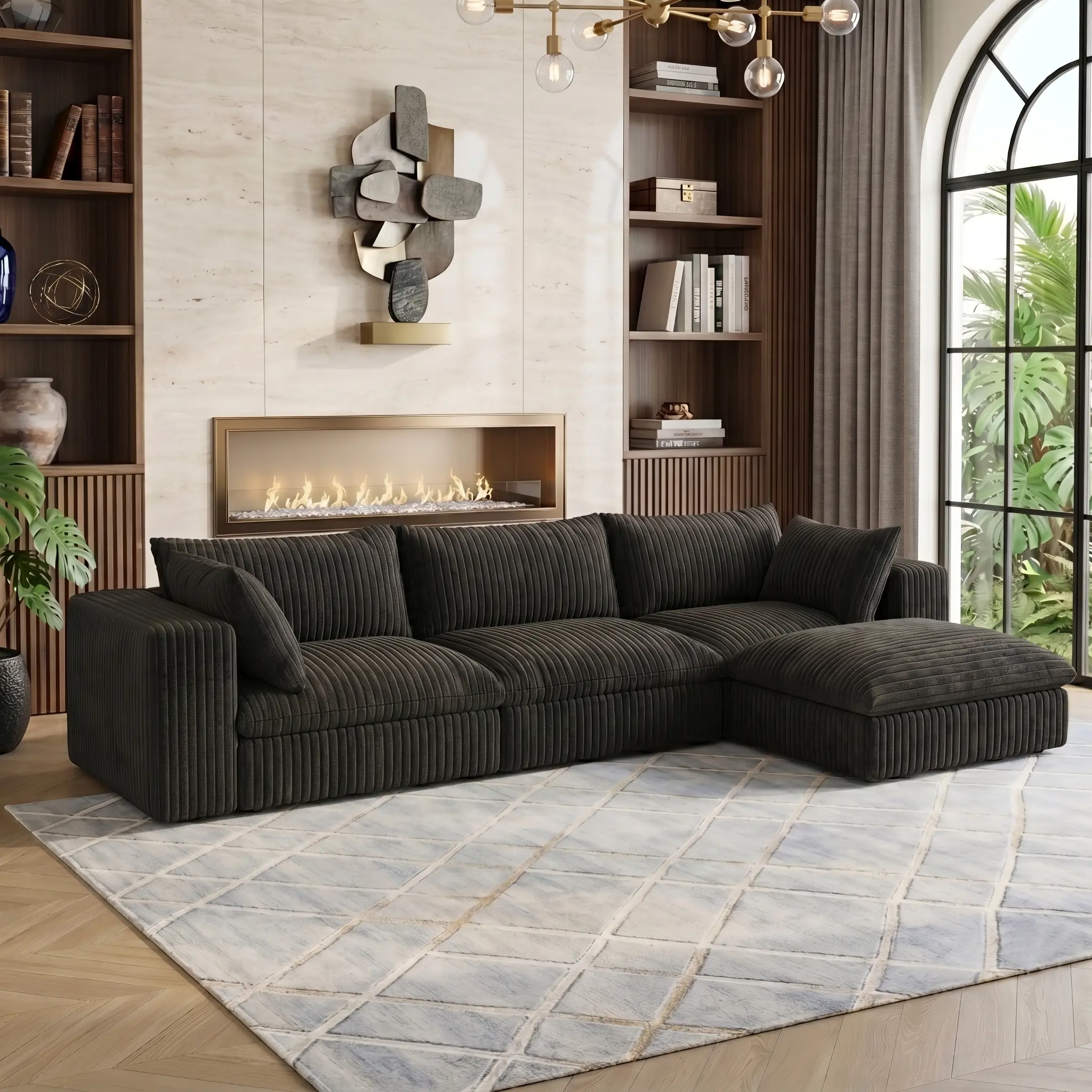 【3-5 Packages】Eyisean 118.2" Oversized Plush Corduroy 3-Seater Boneless Cloud Couch, Modern L-Shaped Modular Sectional Sofa with Ottoman, No Assembly Required, Fluffy Sectional Couch for Living Room