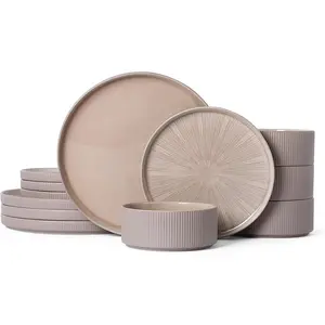 Dinnerware Sets for 4, and Set 12 Piece Dinnerware Chip Resistant Stoneware with Advanced Printing Technology, Dishwasher and Safe-Dusty Brown