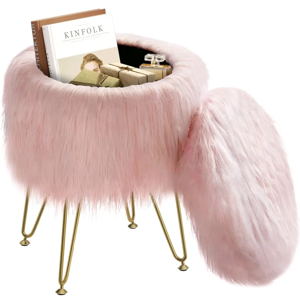 Furry Vanity Stool Chair with Storage, 13.0" W x 17.7" H Round Faux Fur Ottoman with 4 Metal Legs, Furry Padded Seat, Modern Multifunctional Makeup Stool for Bedroom Living Room , Stylish and Chic