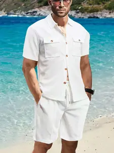 Two-Piece Set Men's Solid Color Waffle Knit Utility Shirt & Shorts, Casual Short Sleeve Collared Top & Shorts for Summer, Men's Clothes for Beach Vacation