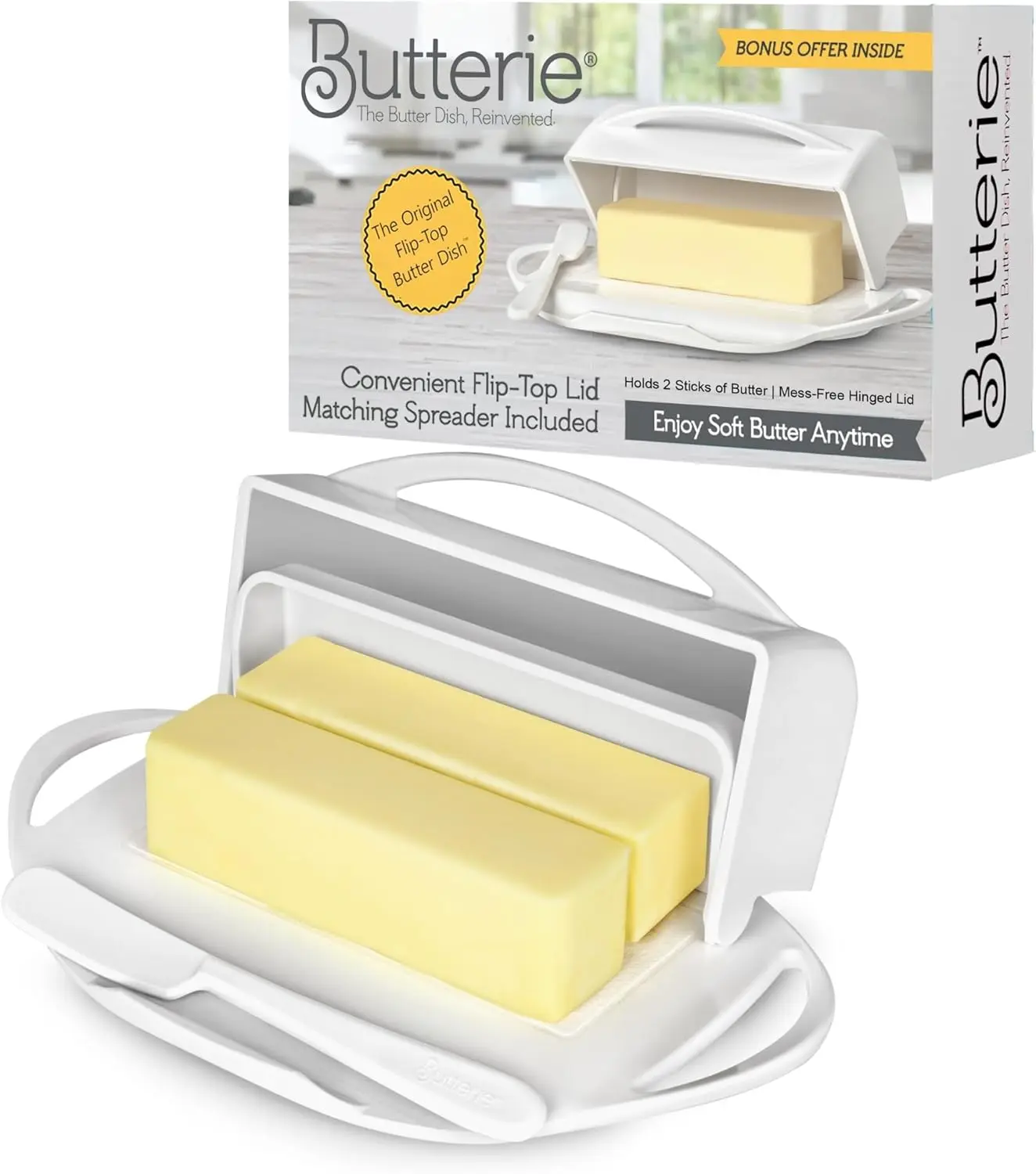 Butterie Flip Top Butter Dish with Attached Lid & Matching Knife - Holds 2 Sticks, Fits Kerrygold/European Butter - BPA Free & Dishwasher Safe - White